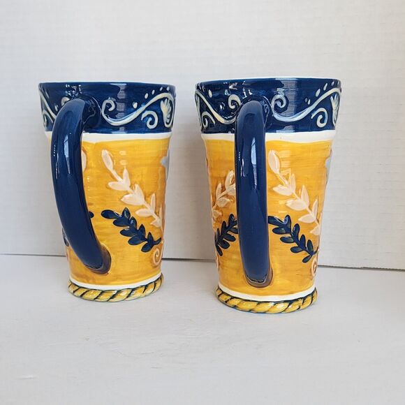 BELLA CASA by Ganz Mugs Cups Handpainted Tall Coffee Latte Blue Gold Vtg 2 Piece - Picture 2 of 9